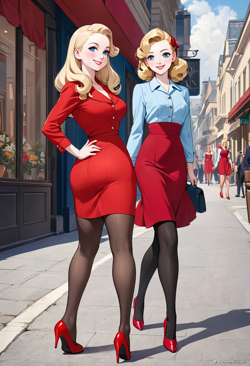  masterpiece, small head,1940s hairstyle, two stunning teen blonde women with pale skin, blue eyes, smilling face, wearing red dress, pantyhose,red stilettos ,thick calves,thick legs , big ass. She is walking 