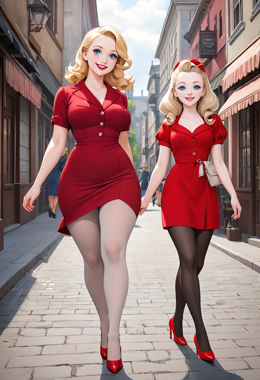 masterpiece, small head,1940s hairstyle, two stunning blonde women with pale skin, blue eyes, smilling face, wearing red dress, pantyhose,red stilettos ,thick calves,thick legs , big ass. She is walking