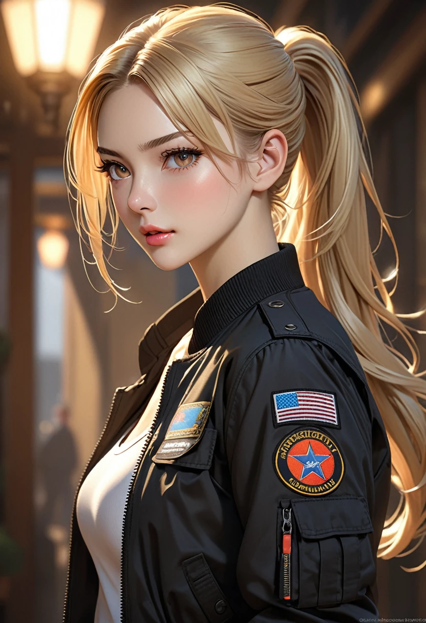 ((realistic)), ((best quality)), ((artwork)), ((extremely detailed face)), ((perfect lighting)), ((extremely detailed CG)), ((perfect hands)), ((perfect ???????)),

Appearance= Average, slender, fair skin, exquisite features, elegant brows, long lashes, straight tall nose, thin lips; apricot eyes; long flowing blonde hair tied in a ponytail;
Personality= Hyperactive, determined, naughty, smart
Occupation= Contractor
Clothing= Black tactical pants, tight tank top, bomber jacket, combat boots.]