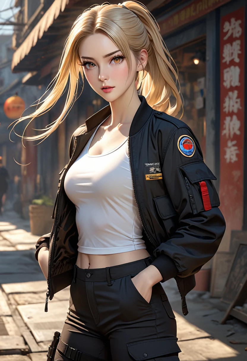 ((realistic)), ((best quality)), ((artwork)), ((extremely detailed face)), ((perfect lighting)), ((extremely detailed CG)), ((perfect hands)), ((perfect anatomy)),

Appearance= Average, slender, fair skin, exquisite features, elegant brows, long lashes, straight tall nose, thin lips; apricot eyes; long flowing blonde hair tied in a ponytail;
Personality= Hyperactive, determined, naughty, smart
Occupation= Contractor
Clothing= Black tactical pants, tight tank top, bomber jacket, combat boots.]