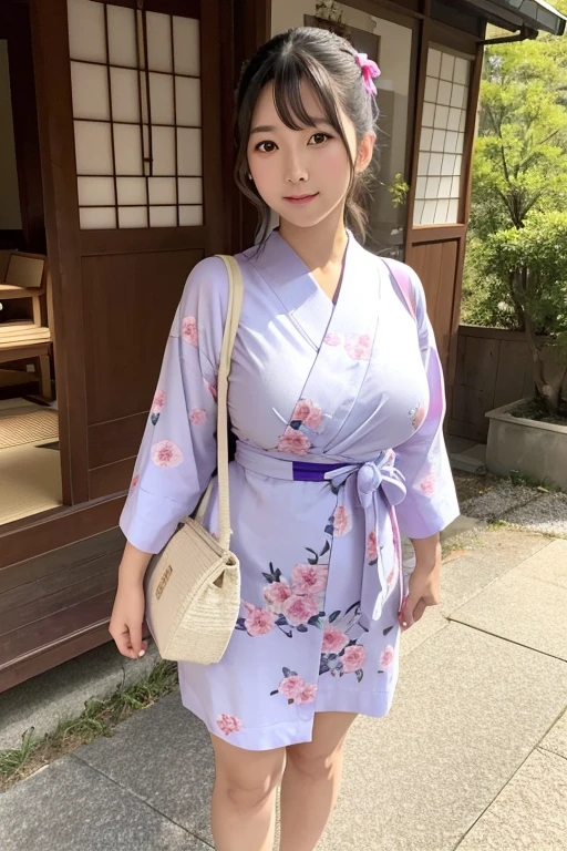 One person, Shortcuts, Large Breasts,Plump,Sunburn,健康的なSunburnした茶色の肌,big ,See through,big ,Saggy breasts,Idol,yukata,At the summer festival,The soft white background features floral patterns and traditional Japanese designs in pale pink, purple, and blue.,The patterns are flowers that symbolize the four seasons of Japan, such as cherry blossoms and chrysanthemums.々Many of them give an elegant and glamorous impression.,Made of light and soft cotton material, it is gentle on the skin and has a cool texture.,yukataの生地は薄手で通気性が良く夏の夜風が通り抜けるたびに心地よい感覚をもたらす,帯はyukataの色と調和するシンプルな無地かもしくは帯自体に細かな模様が入ったデザイン,The ribbon is tied in a traditional bunko knot or o-taiko knot to beautifully accentuate the back.,The knot of the obi accentuates the feminine silhouette and balances the overall look.,Hair is decorated with hairpins and flowers and is tied up in an updo or half-up style.,A folding fan or a basket bag in hand will complement the traditional Japanese outfit.,The simple wooden clogs look great on her feet, and the sound they make when she walks is very pleasant.,