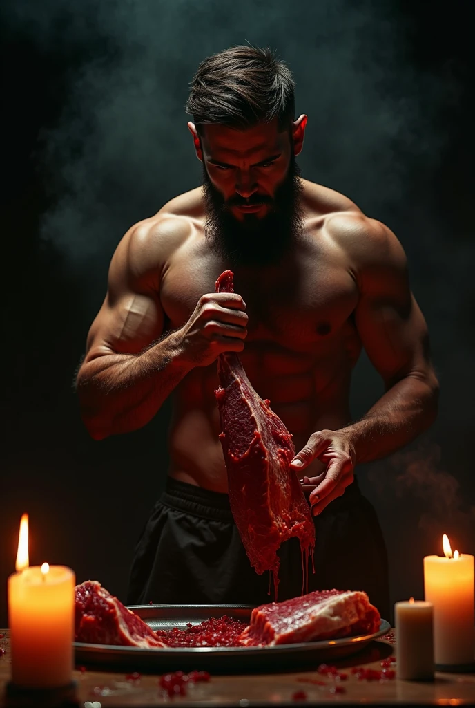 art handsome naked man with beard athletic eats raw meat red blood black background candles