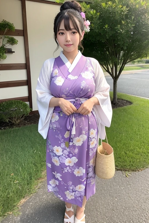 One person, Shortcuts, Large Breasts,Plump,Sunburn,健康的なSunburnした茶色の肌,big ,See through,big ,Saggy breasts,Idol,yukata,At the summer festival,The soft white background features floral patterns and traditional Japanese designs in pale pink, purple, and blue.,The patterns are flowers that symbolize the four seasons of Japan, such as cherry blossoms and chrysanthemums.々Many of them give an elegant and glamorous impression.,Made of light and soft cotton material, it is gentle on the skin and has a cool texture.,yukataの生地は薄手で通気性が良く夏の夜風が通り抜けるたびに心地よい感覚をもたらす,帯はyukataの色と調和するシンプルな無地かもしくは帯自体に細かな模様が入ったデザイン,The ribbon is tied in a traditional bunko knot or o-taiko knot to beautifully accentuate the back.,The knot of the obi accentuates the feminine silhouette and balances the overall look.,Hair is decorated with hairpins and flowers and is tied up in an updo or half-up style.,A folding fan or a basket bag in hand will complement the traditional Japanese outfit.,The simple wooden clogs look great on her feet, and the sound they make when she walks is very pleasant.,