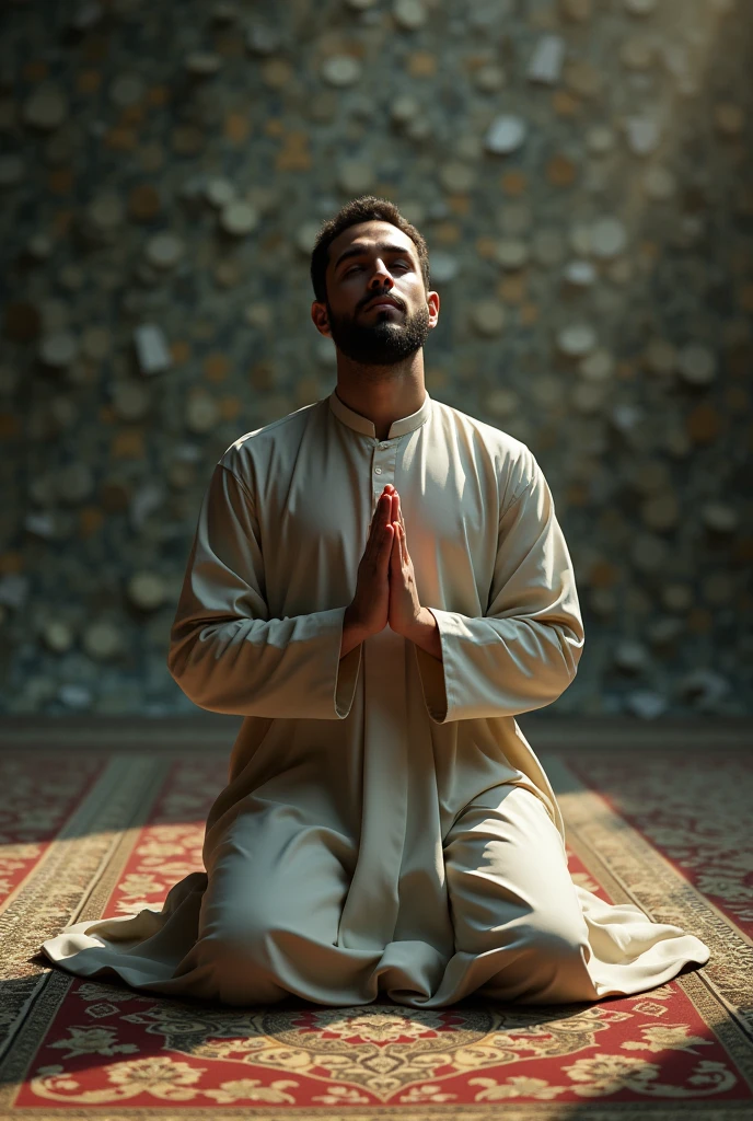 An early adult muslim man praying with money as a background
