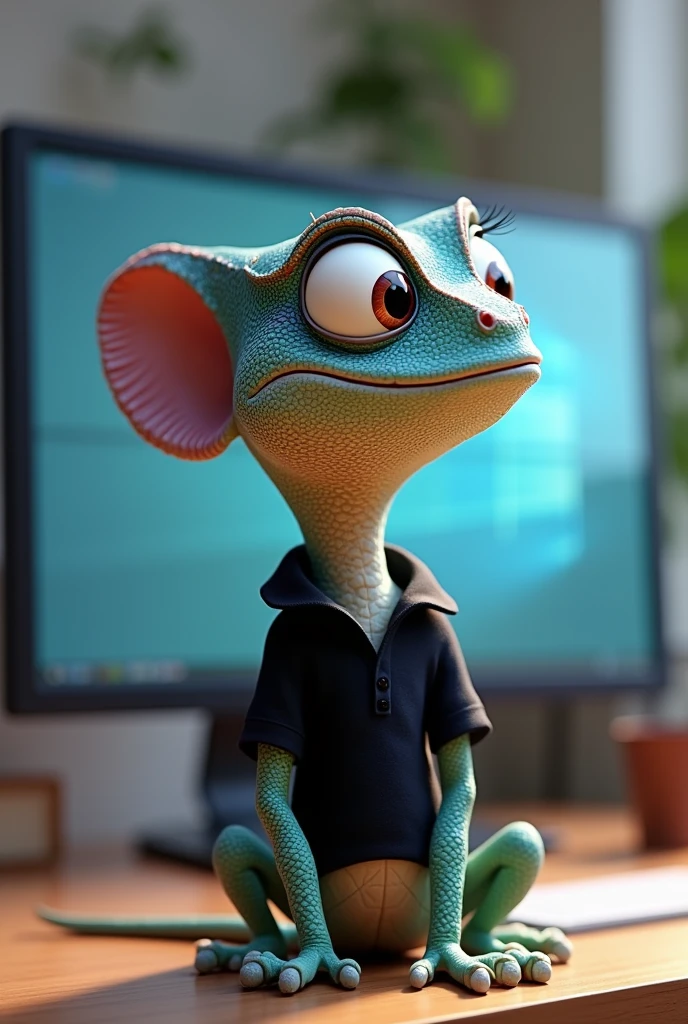 Small lizard, nice and animated 3d being detective wearing black polo shirt