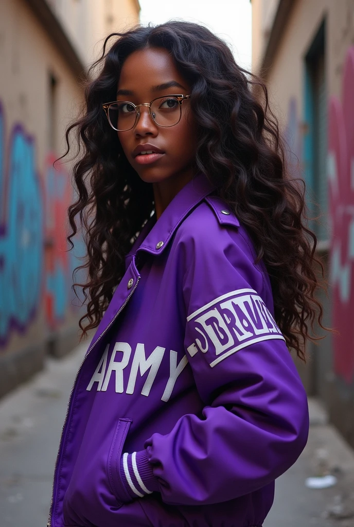 Dark skinned ager with long brown hair and glasses wearing a purple jacket that says ARMY