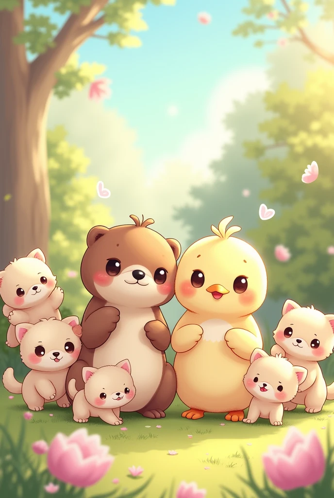 A chick and an otter surrounded by 5 kittens, drawn kawaii