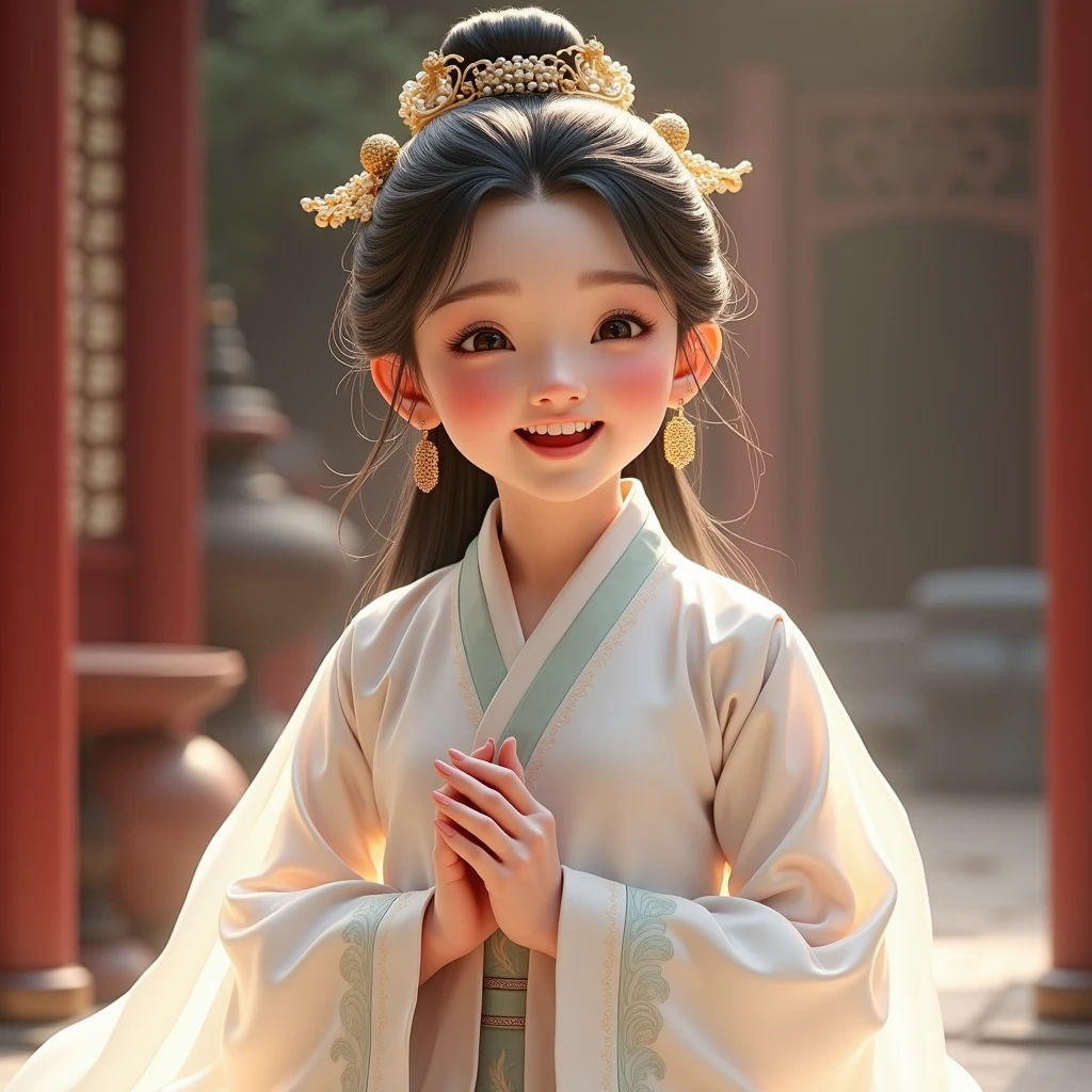 Close-up of a girl holding a flower in front of a lamp, inspired by Tooth Wu, Cute digital painting, yanjun cheng, ruan jia beautiful!, inspired by Wu Bin, young wan angel, beautiful and smiling, high quality portrait, Innocent smile, inspired by Xie Huan, inspired by Chen Lu, Sweet smile, Portrait shooting, Lovely smile,Fold your hands,Standing，His eyes were bright and focused。His nose is small and straight，The lips are rosy and slightly upturned。His hair is black