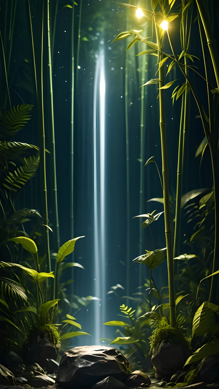 Bamboo forest in the dark night, Delicate and sharp, film production, Soft interior lighting, Many small fireflies flying, Holographic Flash, Vibrant colors, Fantastic rainbow reflection, Metallic luster, The balance between pitch-black darkness and shiny particles, Sharp and delicate, Watercolor style CG, High contrast, Perfectly tuned Octane rendering, Dramatic chiaroscuro, Antiretroviral therapy, Extreme aesthetics,