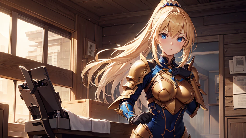 (最high quality, High resolution, Textured skin, high quality, Attention to detail, Precise CG unification), (woman),Golden hair in a ponytail, Put on your armor, blue eyes,((Hurt 1.7)) ,Game CG