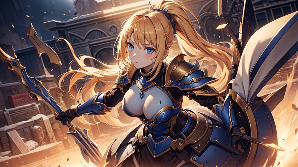 (最high quality, High resolution, Textured skin, high quality, Attention to detail, Precise CG unification), (woman),Golden hair in a ponytail, Put on your armor, blue eyes,((Hurt 1.7)) ,Game CG