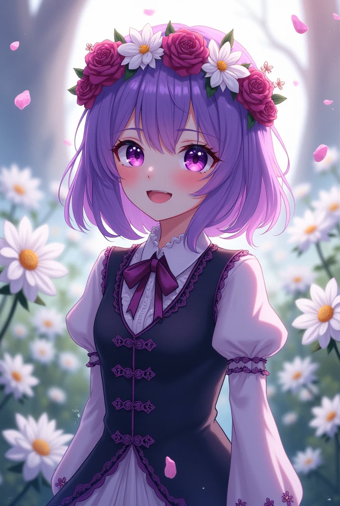 a girl with purple hair, A crown of flowers, dark purple slanted eyes, Victorian style black vest with purple details and fluffy, smiling in a field of white flowers, Boku no hero academia style