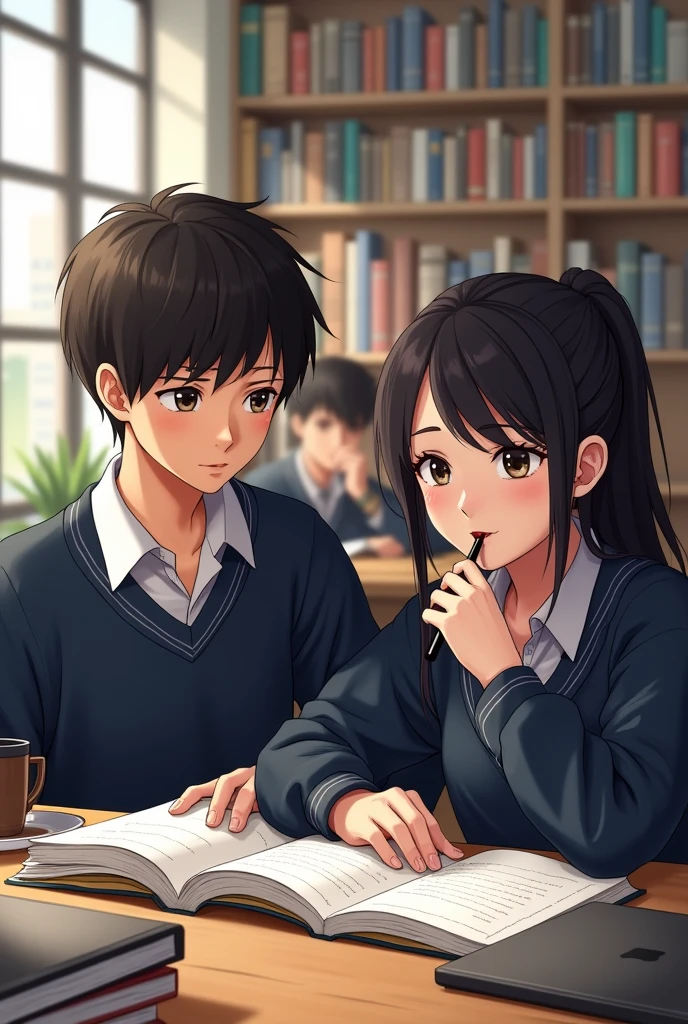15 year old male and female students in dark blue uniform, Colombians studying in a library