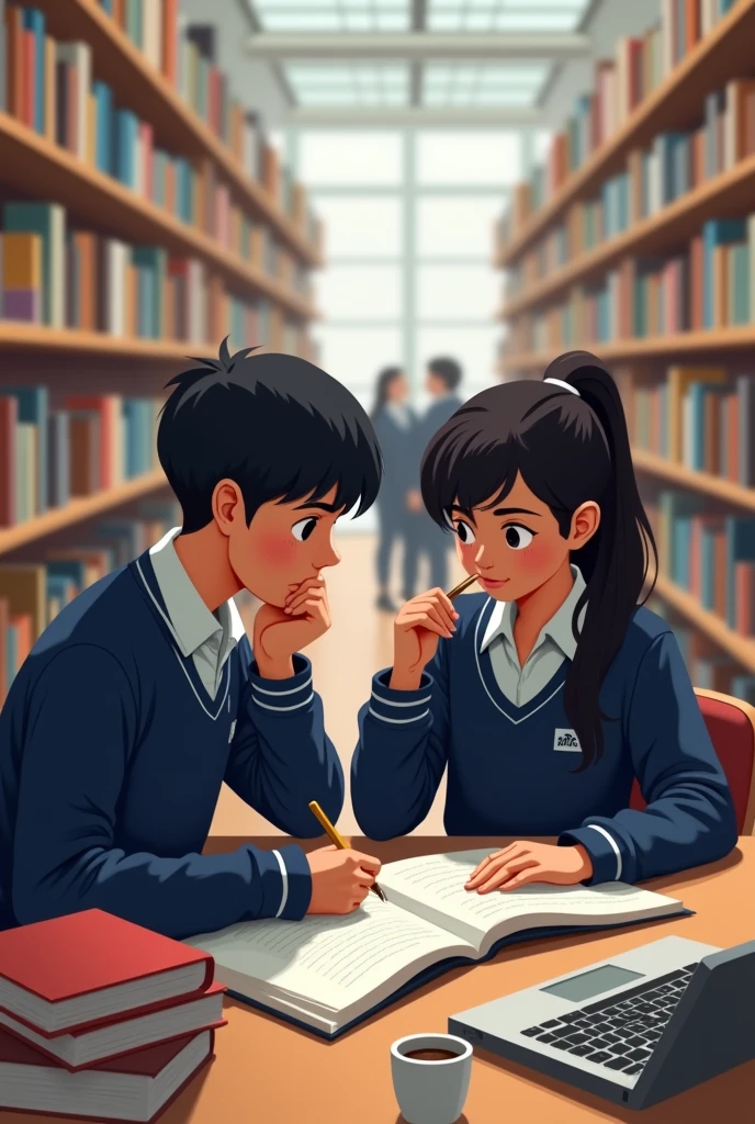15 year old male and female students in dark blue uniform, Colombians studying in a library