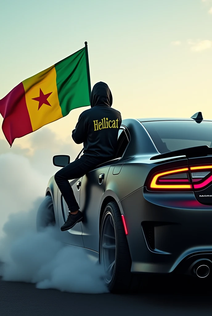 Je veux créer l'image d'un gars qui est assis le rebord gauche arrière de la portière d'une Dodge charger srt qui est entrain de faire un drift. Le gars en question tient le drapeau du Sénégal et porte un pull à capuche. Il porte le capuchon du pull,son visage n'est pas bien visible et derrière son pull est inscrit le logo de Hellcat