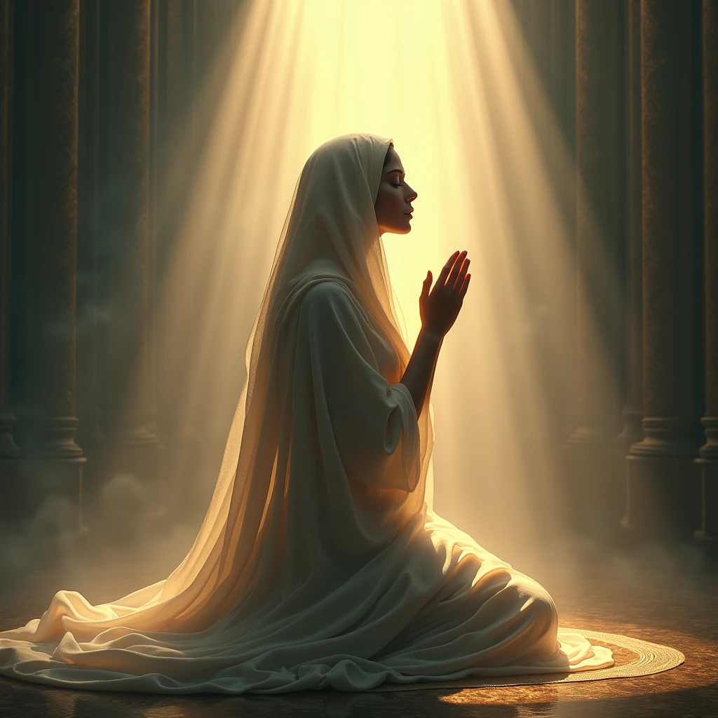 Veiled woman praying to Venus in the light、Light shining from the sky、High resolution, Long Hair, masterpiece, Anatomically correct, Winner of numerous awards, 最高quality, 高いdetail, detail, quality, 高quality, Ultra high definition, goddess、Worship of the symbol of beauty