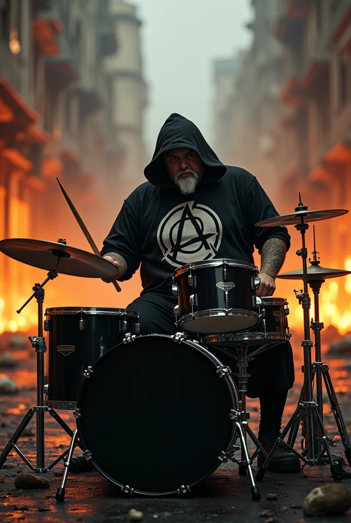 Half fat drummer, white goatee, hooded dress, blouse with anarchy symbol print, playing on his complete black two-tone drum kit, in the street of the war-torn city and in flames at night,  bodies of dead soldiers lying on the ground, smoke 