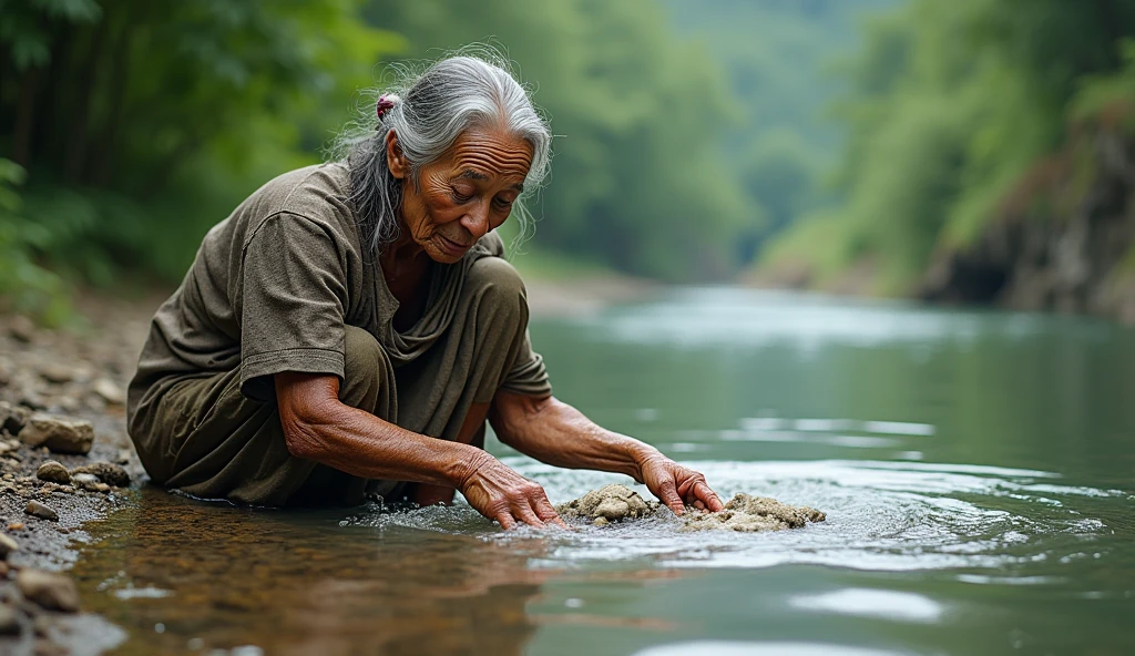 (best quality, masterpiece, ultra detailed, ultra high res, photorealistic, raw photo, absurdres, absolutely resolution), An old woman is washing clothes in the river