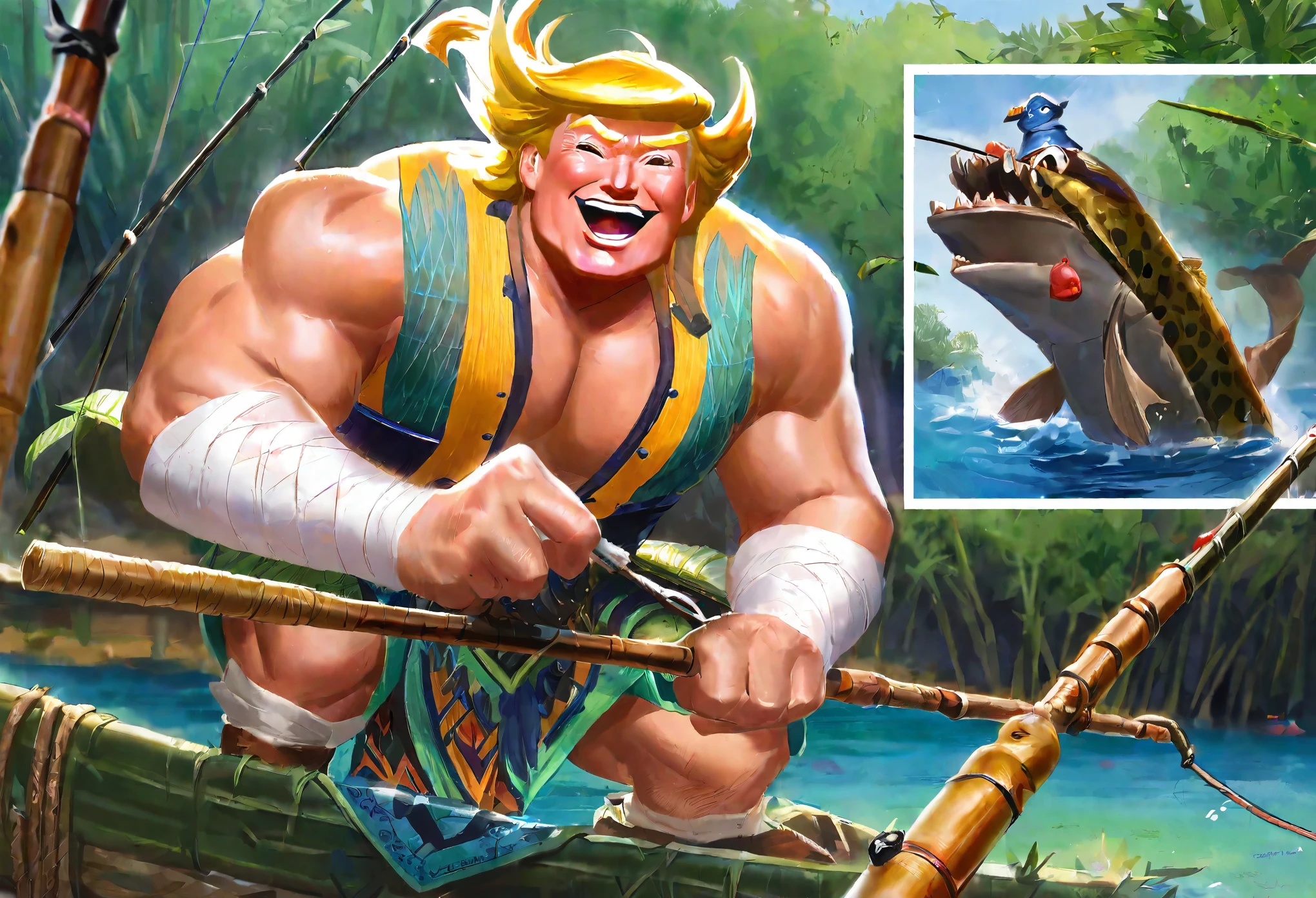 Donald Trump (bandage on one ear, happy grin, muscular, conan outfit) is fishing with a bamboo fishing rod, he is bringing in a large fish that is thrashing, forest pond