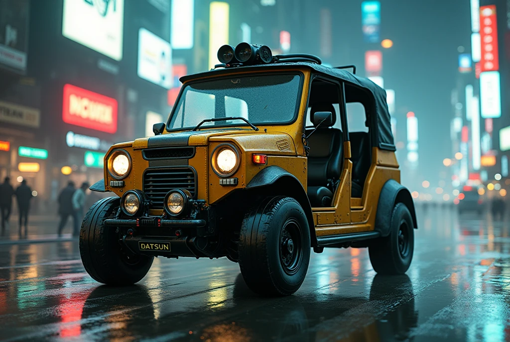 Cyberpunk Datsun vintage armored tuk-tuk、Shallow depth of field、(masterpiece:1.3) (最high quality:1.2) (high quality:1.1)、Cinematic Light, ((Cinema Lighting),(Natural light),(High level of artistry),(artistic),(Indistinguishable quality from the real thing),RAW Photos,Genuine,Genuine,High resolution,RAW Photos,masterpiece, beautiful,