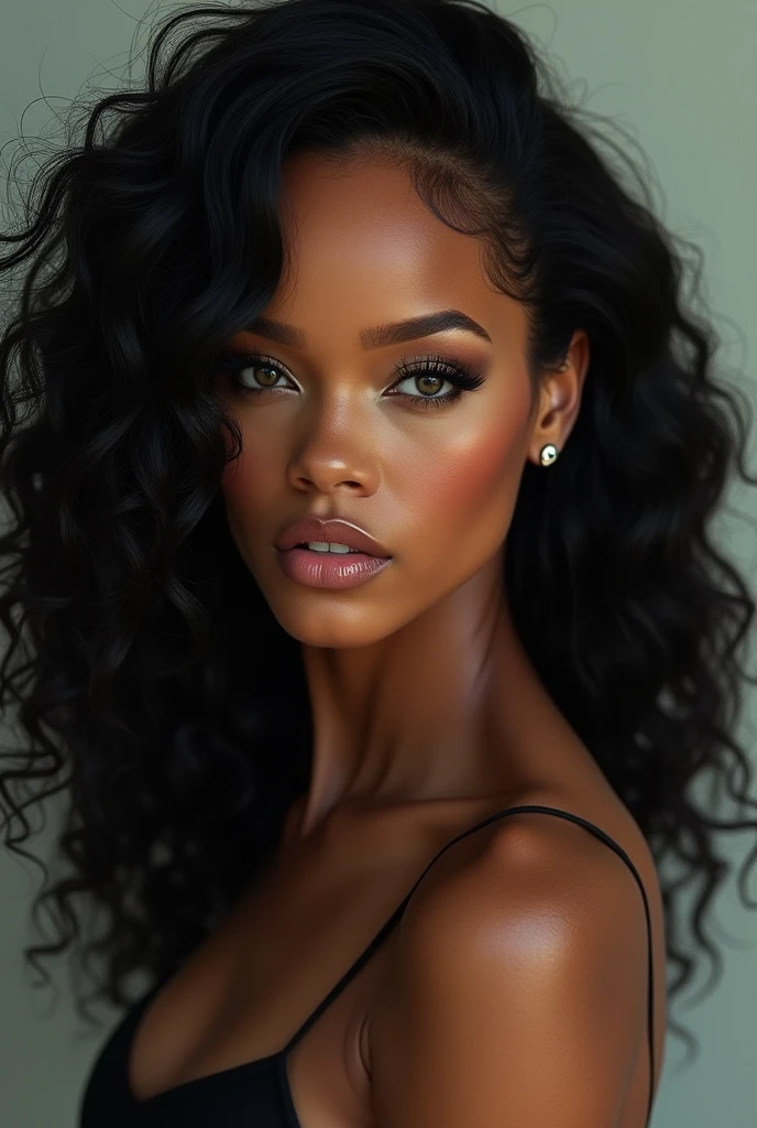Une belle femme comme Rihanna couleur marron au cheveux type 4c long frisé noir qui a un regard hypnotique qui semble humain cyber réaliste