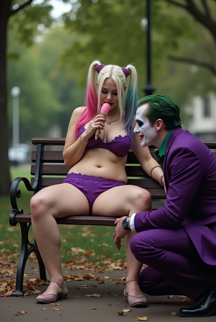 Cinematic image shot from below of Harley Quinn with colorful hair, huge breasts and thick thighs sitting on the joker's lap facing forward on a park bench with her legs open eating ice cream and zooming in on her purple lace panties. And the joker is pulling her hair and touching her leg and looking at her and kissing her on the mouth