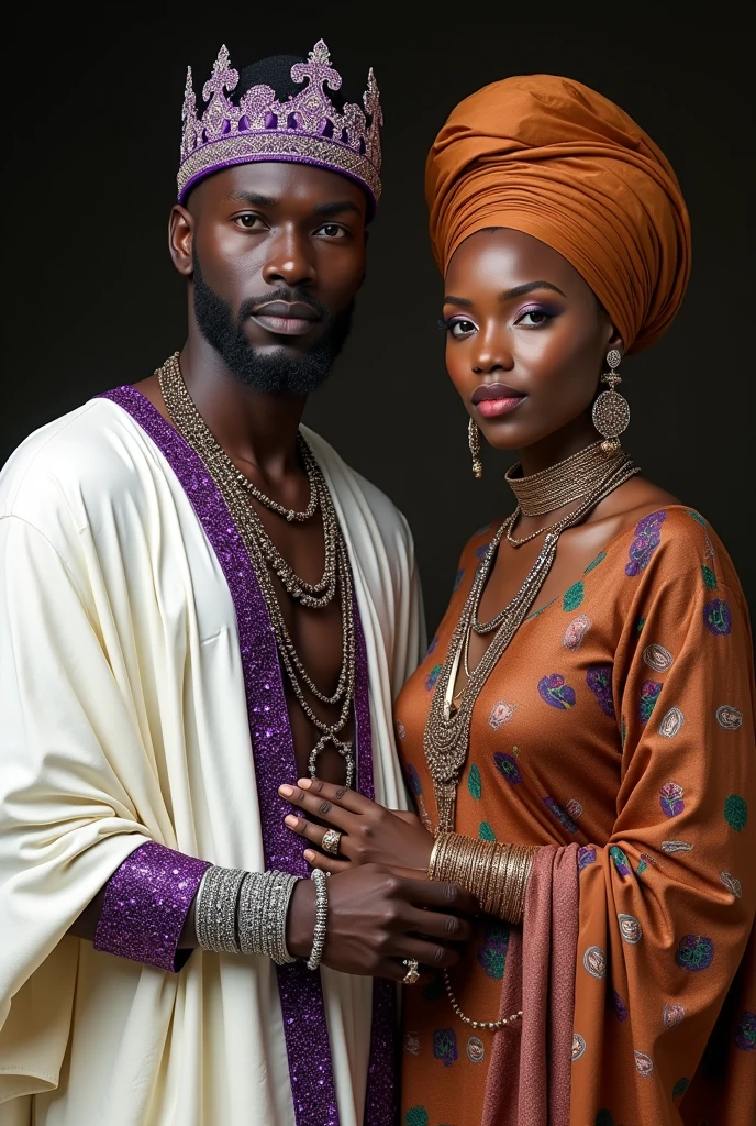 
African man dressed in a white tunic and purple sparkles with African necklaces and a purple crown with silver bracelets accompanied by an African woman in a brown dress with colors and an amber turban with copper necklaces and bracelets 