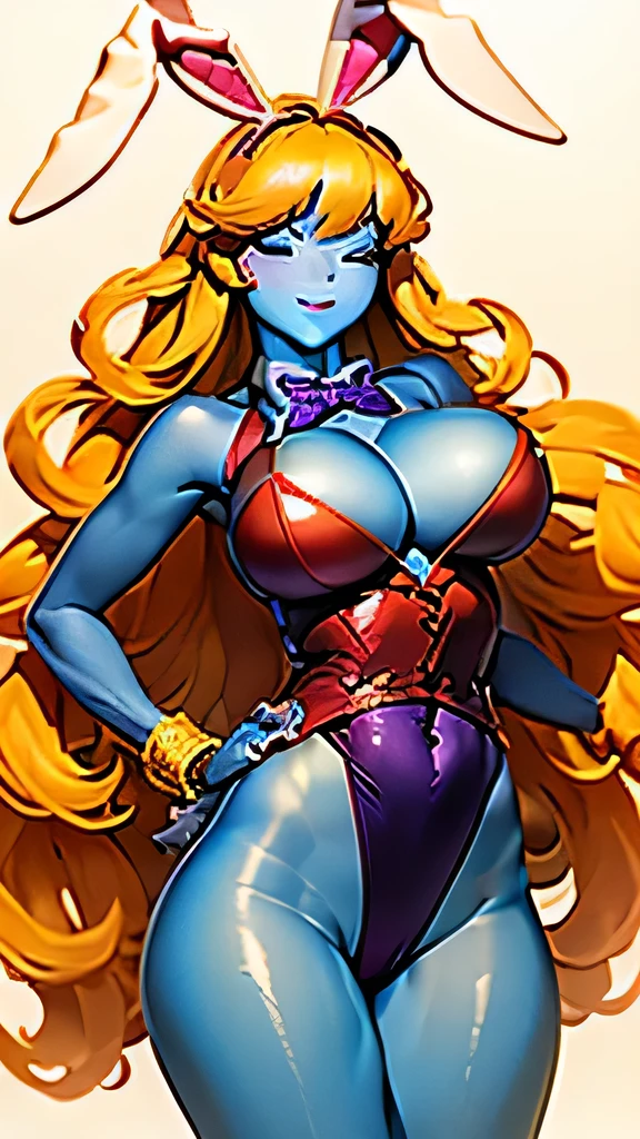 ((masterpiece,best quality,ultra-delicate,Perfect Face,16k,high resolution,very beautiful woman)),(blue skin:1.2,red sleeveless jacket), purple panties,bunny ears,large breasts,purple bowtie,gold long hair,smile,standing,seductive pose