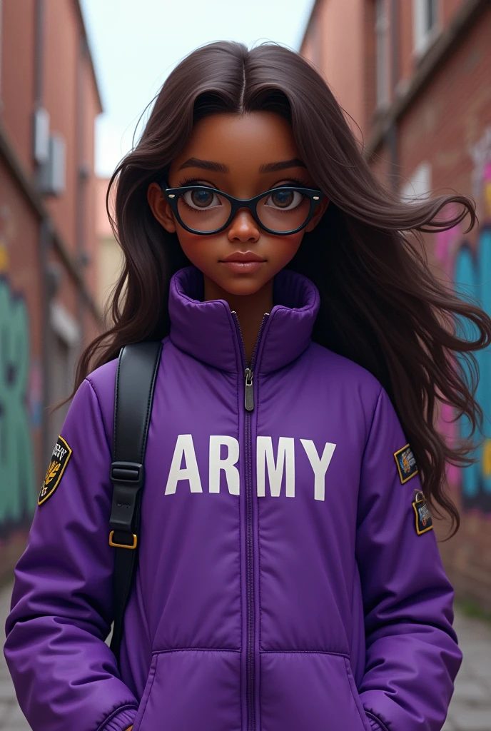 Dark skinned teenager with long brown hair and glasses wearing a purple jacket that says ARMY 