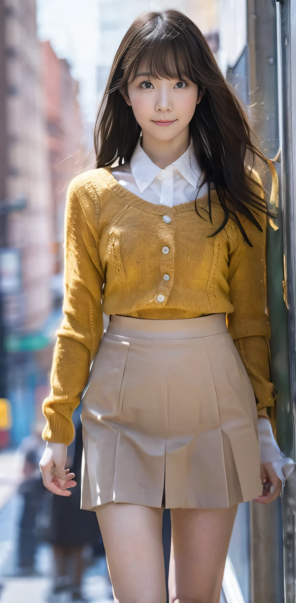 Woman in a suit standing on the sidewalk,((25-year-old woman))、Very huge bigger than a face、Dark brown hair color、Hairstyles with bangs、Mr.々Hair style、Hair styles of different lengths、(8k, RAW Photos, Highest quality, Tabletop: 1.2),、(Realistic, Realistic: 1.3), Cityscape, Day, Sunny Morning, Professional Lighting, Photon Mapping, shirt, (Woman in a suit,) Silk Suit、Pencil Skirt、Tight Skirt、((Delicate photo)),(Detailed RAW Photos of Girls), (Tabletop:1.25), (Highest quality:1.6), (Ultra-high resolution:1.5), (Realistic:1.75), 8k resolution, Canon EOS R5, 50mm, Absurd, Very detailed,Cinema Lighting, (Skirt Lift:1.4)、Browsing Caution、the wind is strong、smile、I flipped up my skirt、Sexy panties