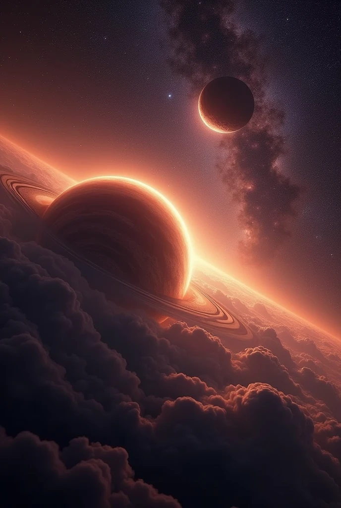 

「Magnificent outer space、A giant gas planet with several moons orbiting it。Countless stars in the background々Shines、I can see a nebula in the distance。Like a sunrise or sunset、Part of the planet is illuminated、Soft orange and purple hues fill the sky。Overall, the space scenery is fantastic and beautiful.。
