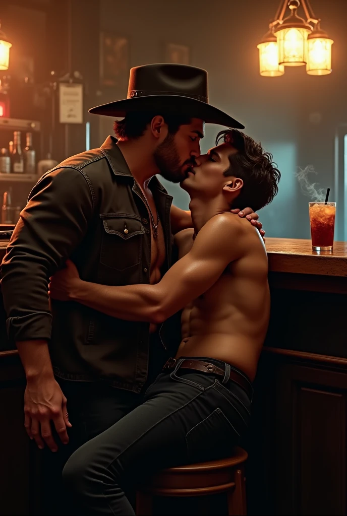 A handsome cowboy man sitting in a bar in black clothes and a cigarette in his hand while serving him drinks, a handsome young white man sits on his leg and hugs him, seducing the millionaire.