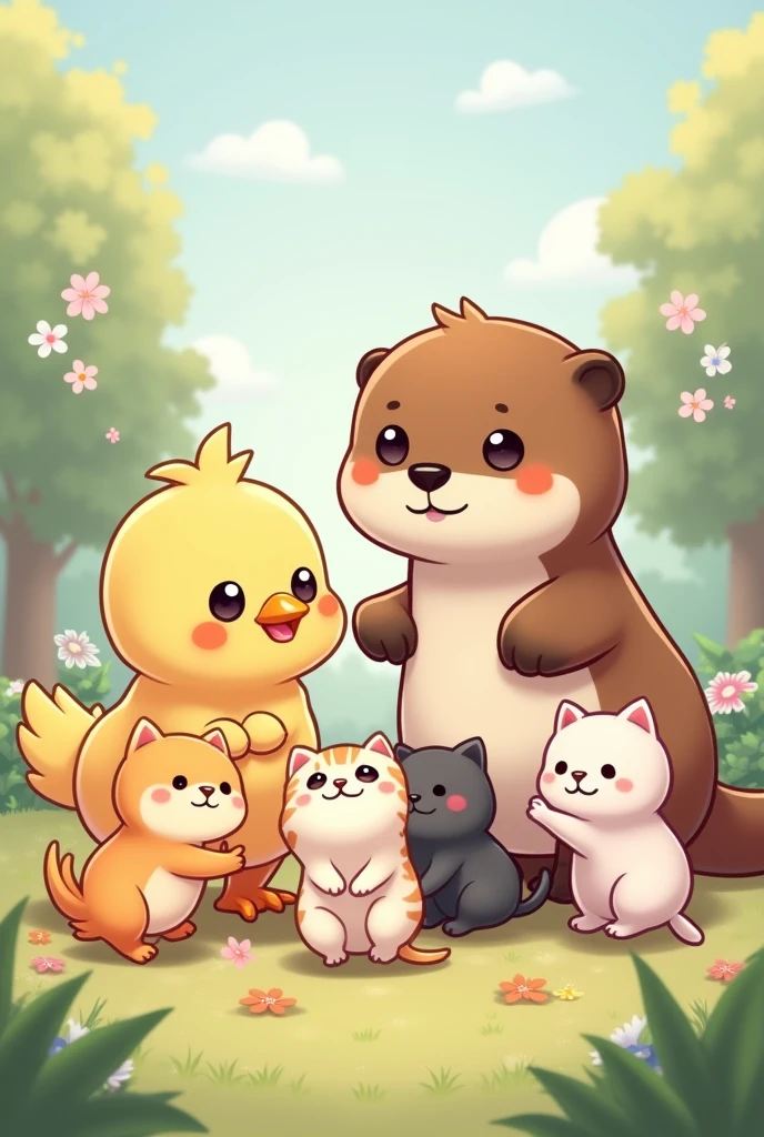 A chick and an otter surrounded by 5 kittens, drawn kawaii