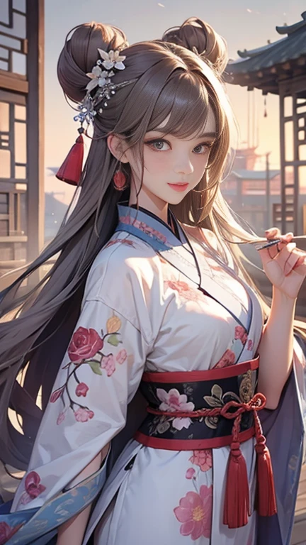 ( High resolution、 Very detailed)、masterpiece、Highest quality、High resolution、8k、Detailed Anime、Tang Dynasty Buildings、Tang Dynasty China、Tang Dynasty China、Young and beautiful woman、Beautiful Face、Beautiful Face、Pretty lips、Hanfu、(whole body)、Light colored round bun、Smiling Eyes、walk、Cowboy Shot、background、Tang Dynasty Buildings、The Chinese city of Chang'an during the Tang Dynasty、Plum blossom、river view、Riverside city lights、Lantern Light、Detailed CG、