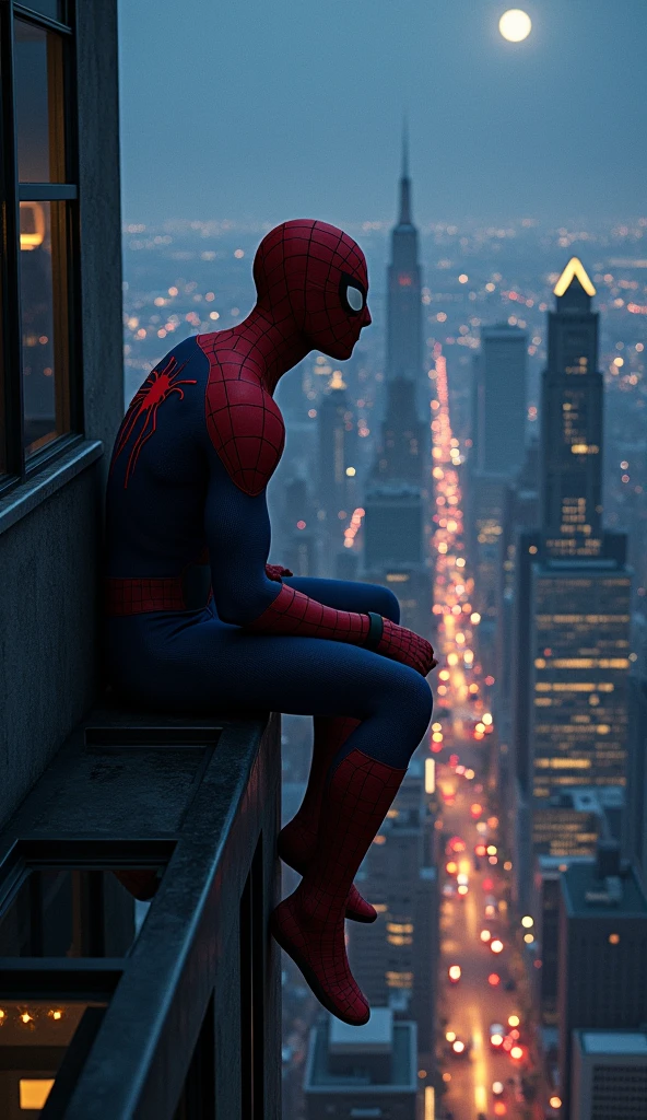 Spiderman sitting on the roof of the building, ngắm nhìn thành phố buổi tối.