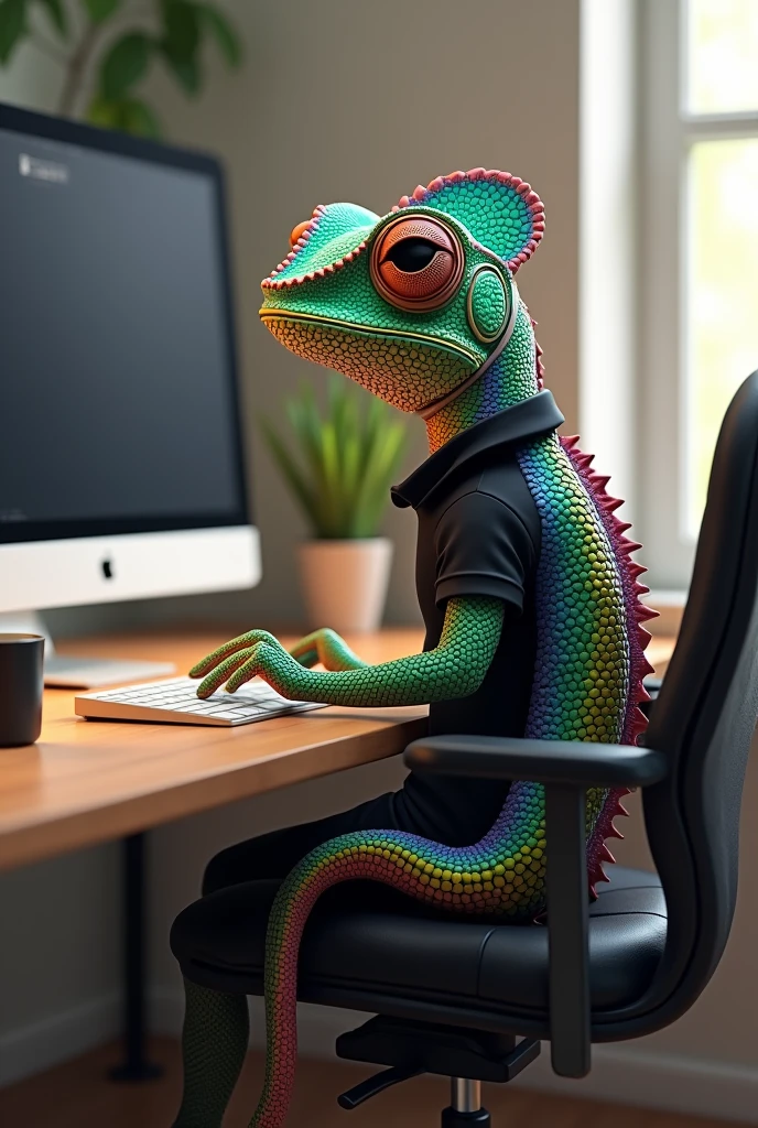 Small animated 3d chameleon, with black polo shirt with his back to the computer 