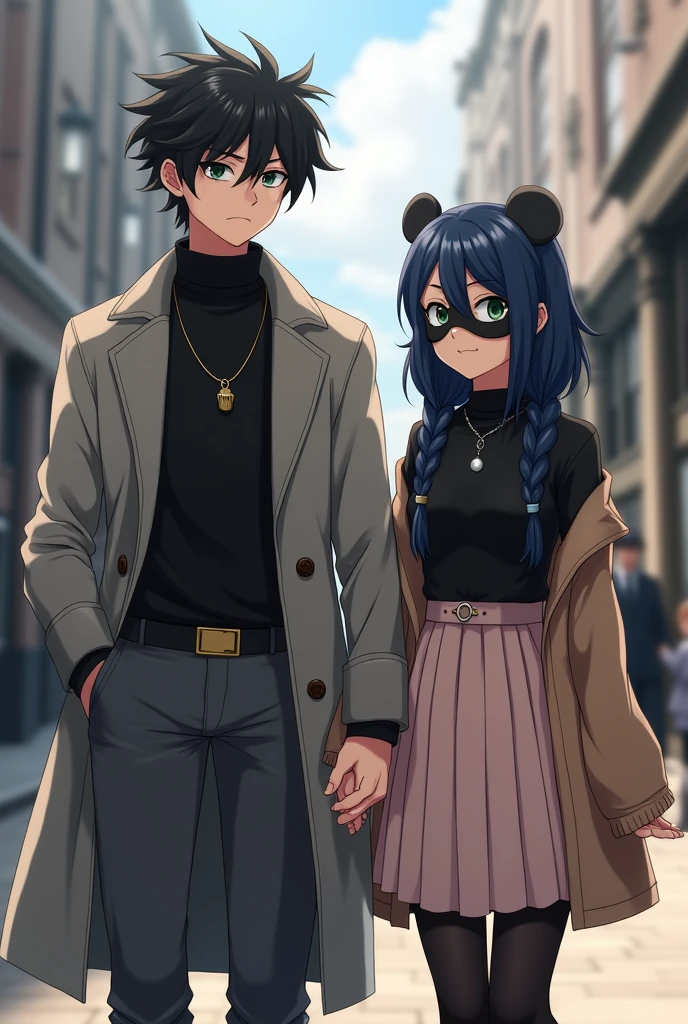 Tall teenager with fluffy black hair,Pale skin,green eyes, He has dark circles, Her hair covers one of her eyes and also her ears., He wears a black turtleneck sweater, light grey coat, dark grey pants and black shoes,wear a gold pendant, He is holding hands with a teenage girl with navy blue hair that is braided into a single braid,green eyes con pecas en el rostro, Pale skin, pink lips, of average height, wears a black long-sleeved v-neck shirt, pale pink somewhat short skirt, black stockings, brown high boots, a light brown cardigan sweater, a mouse mask that covers half of his face, a silver-colored pendant and a light brown crossbody bag, The girl smiles warmly while the boy has a slight smile, They are located in a British city during the year 1720, anime style 