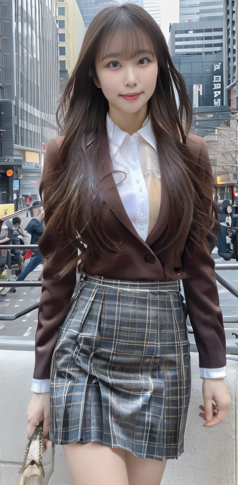 Woman in a suit standing on the sidewalk,((25-year-old woman))、Very huge bigger than a face、Dark brown hair color、Hairstyles with bangs、Mr.々Hair style、Hair styles of different lengths、(8k, RAW Photos, Highest quality, Tabletop: 1.2),、(Realistic, Realistic: 1.3), Cityscape, Day, Sunny Morning, Professional Lighting, Photon Mapping, shirt, (Woman in a suit,) Silk Suit、Pencil Skirt、Tight Skirt、((Delicate photo)),(Detailed RAW Photos of Girls), (Tabletop:1.25), (Highest quality:1.6), (Ultra-high resolution:1.5), (Realistic:1.75), 8k resolution, Canon EOS R5, 50mm, Absurd, Very detailed,Cinema Lighting, (Skirt Lift:1.4)、Browsing Caution、the wind is strong、smile、I flipped up my skirt、Sexy panties