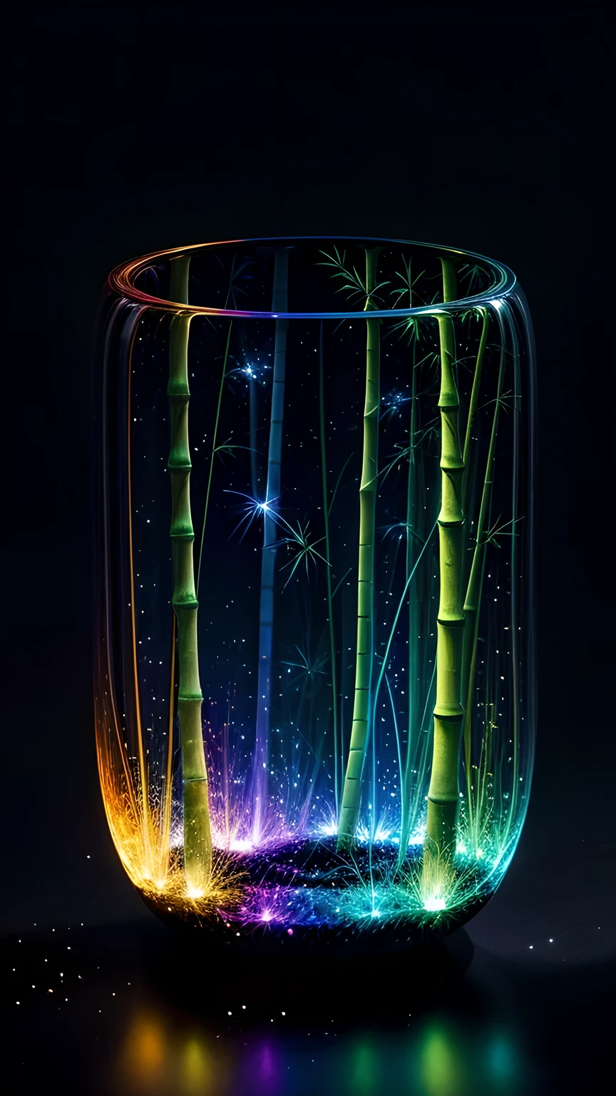 Bamboo forest in the dark night, Delicate and sharp, film production, Soft interior lighting, Many small fireflies flying, Holographic Flash, Vibrant colors, Fantastic rainbow reflection, Metallic luster, The balance between pitch-black darkness and shiny particles, Sharp and delicate, Watercolor style CG, High contrast, Perfectly tuned Octane rendering, Dramatic chiaroscuro, Antiretroviral therapy, Extreme aesthetics,