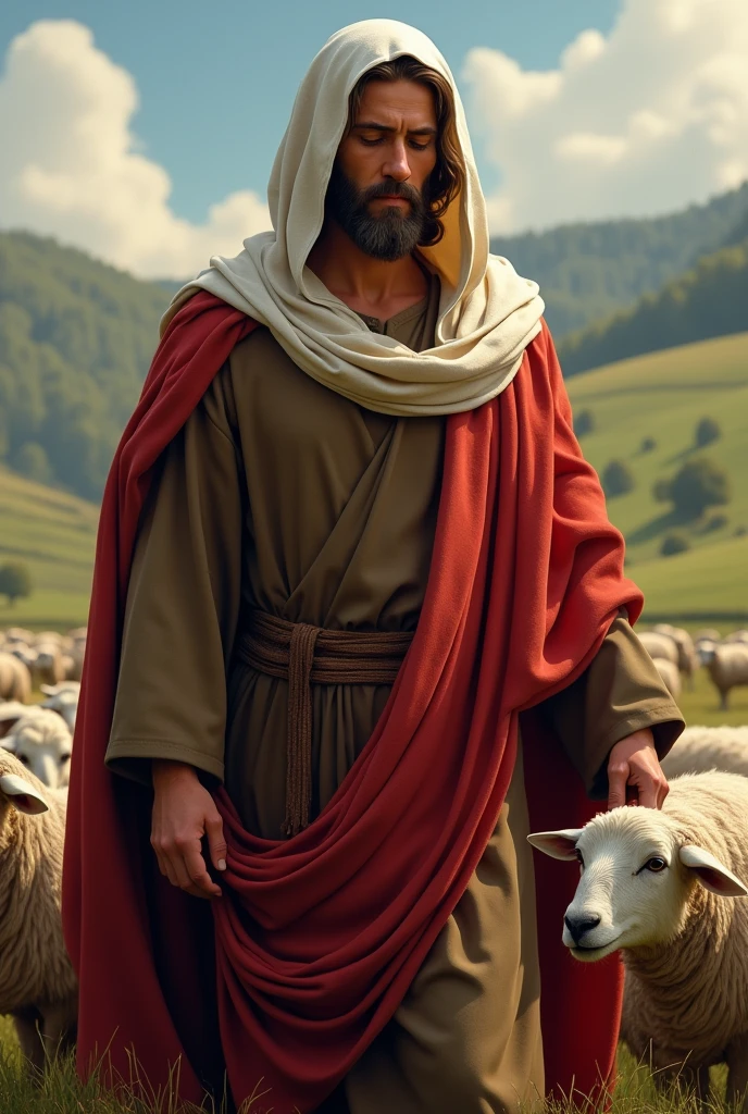 Create an image of Jesus, the Good Shepherd, wearing a rustic dark brown tunic, a red cloak with sleeves and a white veil over the head and wrapped around the neck.