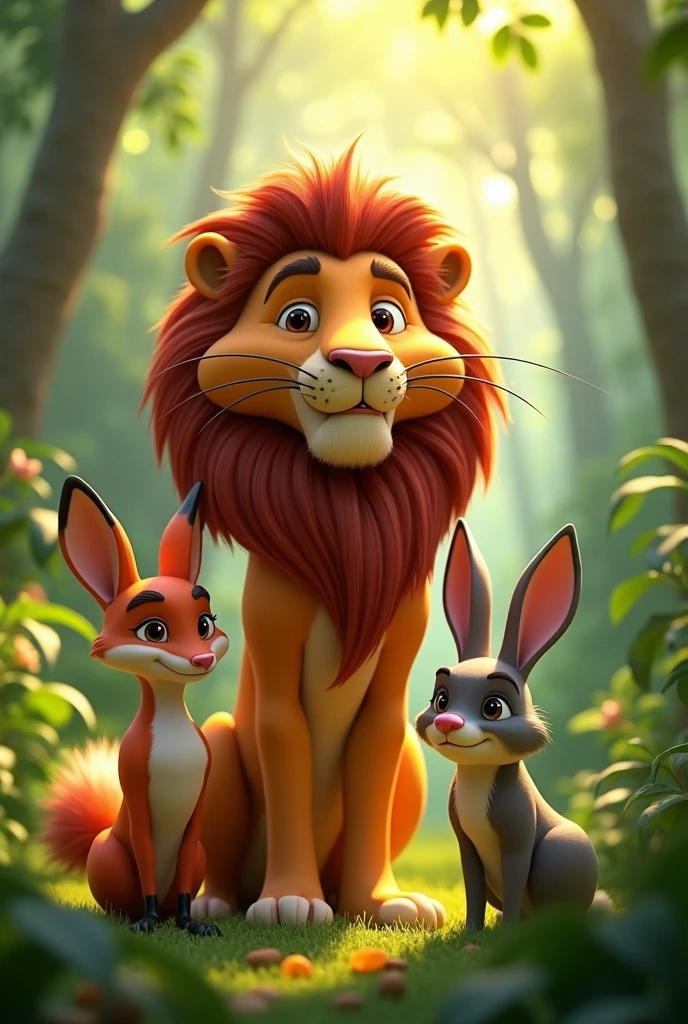 In 3d animation style’ 1. Shining Sunlit Jungle Scene: A vibrant jungle with dense trees and greenery, featuring a majestic lion, a sly fox, and a cute rabbit gathered together. The lion is portrayed with a proud expression, while the fox looks cunning, and the rabbit appears thoughtful, planning the race ahead.