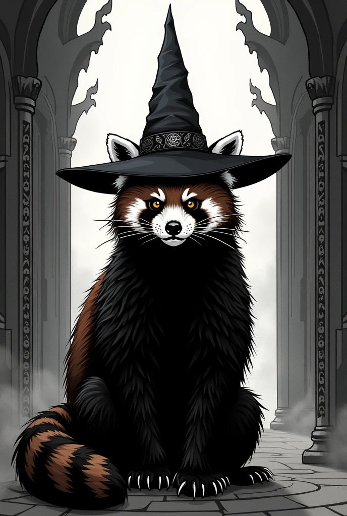 Create a black and white illustration, of an occult red panda, wearing a witch's hat, in the Gothic style with elements of Norse mythology