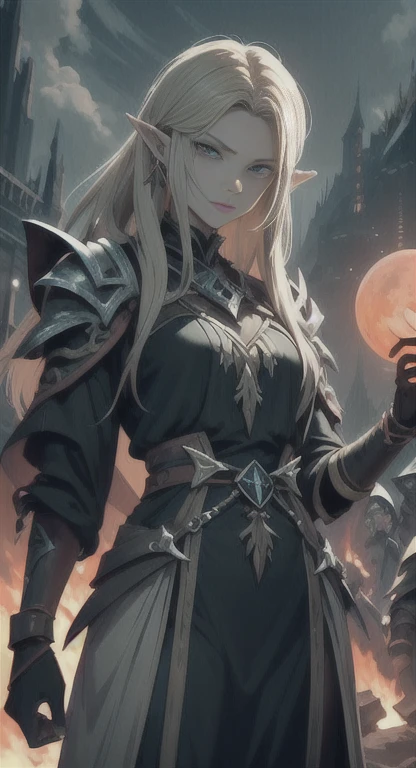 Masterpiece, best quality, mythical, Alluring Hylian, Black flame .age, bloodmoon, Hyrule, legendary Triforce, armor, looking at viewer pissed, judgemental glare, dark fire,