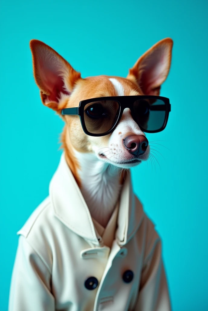 The best cell phone wallpaper, Award-Winning Wallpaper, portrait photography, In the front view is a portrait of a cute dog wearing mid-1960s space age fashion, Side view photo, Shot with Canon EOS R5, Set a strong contrast that accentuates the subject, Fluorescent blue tone, Wearing a very modern coat and sunglasses is a modern 1960s style, Clothes all in one color, beautiful background