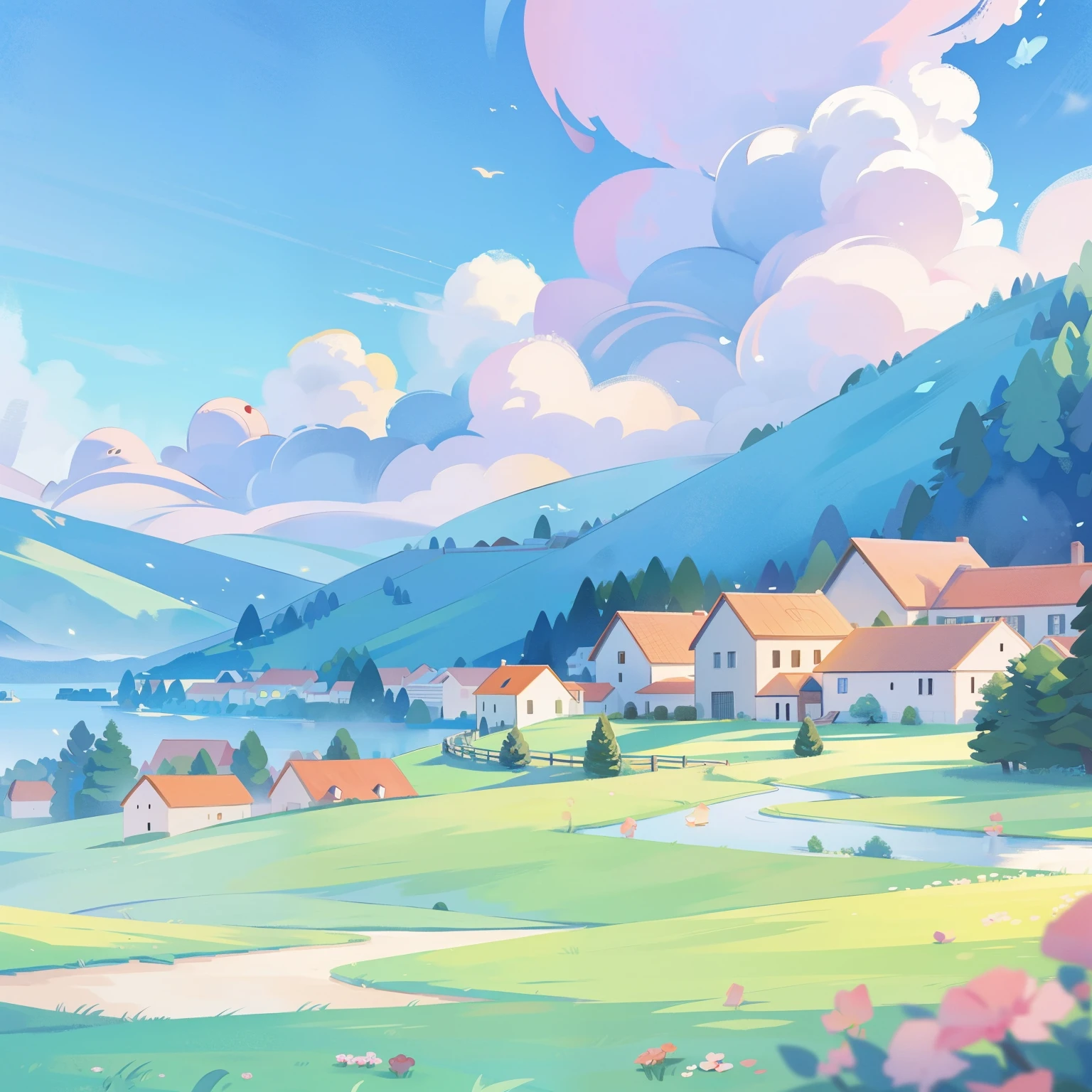 watercolor, children's storybook illustration, a castle surrounded by a village, houses, cottages, buildings, towers, clouds, colorful, vibrant warm colors, bright, ((masterpiece)), ((best quality)), 8k, intricate detail, high resolution, highly detailed environment, perfect architecture. image size 3000px height and 6000px width