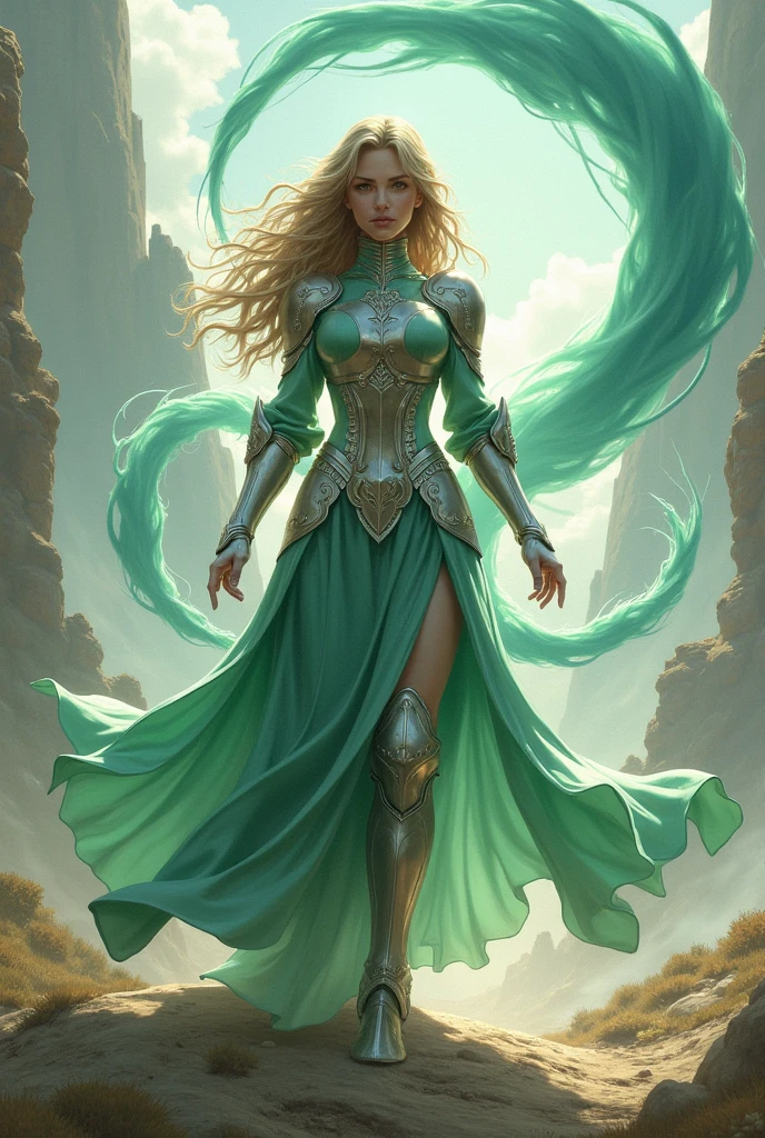 Illustration of a female knight controlling the wind。The characters are dressed in light and beautifully designed armor.、The light green and blue tones give a feeling of wind.。There are multiple tornadoes around her。Her hair and cape fluttering in the wind、He has a sharp expression that cuts through the air.。In the background are high cliffs and vast windswept plains.。