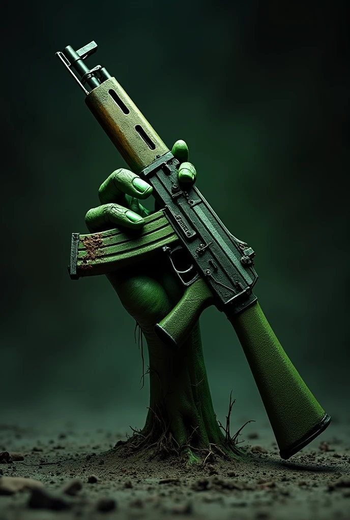 A LOGO, composed of a green zombie hand coming out of the ground with an ak47 in hand