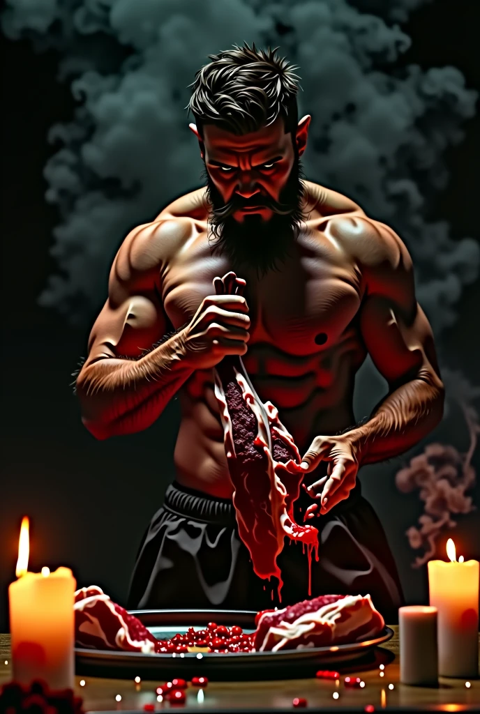 art handsome naked man with beard athletic eats raw meat red blood black background candles