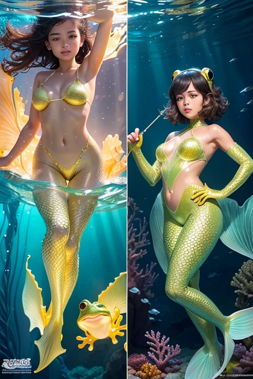 A sexy young 13-yr old Asian  charming girl Full body detailed anatomy, perfect face details,((brown skin tone texture)) ( tomboyish hair cut styles), (( wearing illuminating a frog suit head band))(( wearing transparent  illuminating frog suit costume sexy full body detailed anatomy )), wearing illuminating  transparent two piece frog suit details on skin, wearing slimy frog suit like skin texture body, lifting up plump pussy , wavy short illuminating gold, pink, yellow & green gemstone hairstyles from the flow water, ((having frog suit instead of feet))( frog  ears))(frog suit skin arms, torso, bottom, face, neck, shoulder & legs))((showing face near camera)) (accurate details of hands & fingers)) Exposed hard big errect nipples, open legs squat position, exposed pussy line, exposed panties, exposed pussyline, smiling with teeth exposed. Sparkling gray eyes, charms, face details & fucos skin tone texture, swimming under the  atmosphere ocean wave creating air bubles with captivating different lighting effects around the background, showing corals, urchins, fish, turtle, whale, bubbles of air for accurate background masterpiece ((with illuminating transparent crystal gemstone frog suit like scales skin textured all over her body)) ((with gills))((holding illuminating a treasure trident)) full details of accessories and props))swimming with ocean current waves under the sea,( many different perspective view character profile, front view, side view, rear view, of same face & clothing girls posing deferent angle))(( perfect details of mermaid body and tail fin anantomy))

