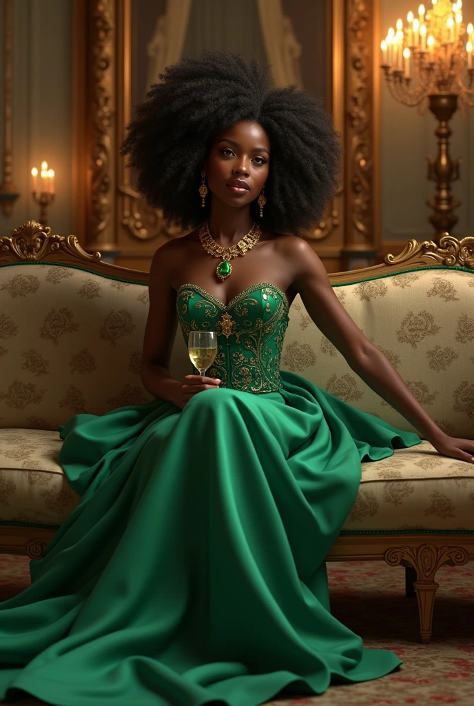 black princess with curly hair wearing a green princess dress, with a gold necklace with a green jewel and green heels at a ball alone and calm, holding a crystal glass of wine, Sitting on a fancy sofa. Everything in a realistic and beautiful way